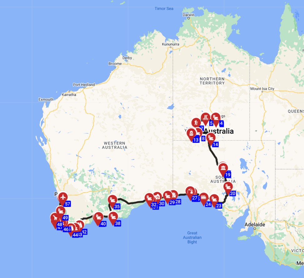 Map for Alice Springs to Perth - The Red Earth and Blue Sea RV Adventure